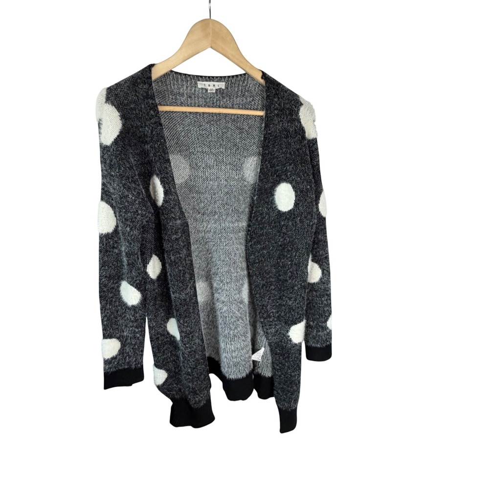 Anthro THML Polka Dot Eyelash Knit Open Front Cardigan Gray White XS TMK797